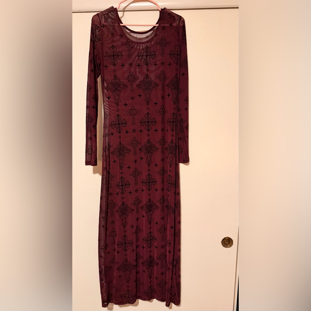Disturbia Maroon Long Sleeve Dress with Black Patterns